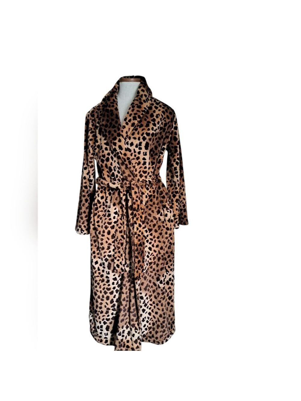 CAPELLI NewYork Leopard Print Plush Robe Shawl Collar Cozy Belted Pockets Small